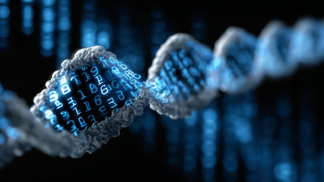 An Intricate Visualization of DNA Structure Merging with Digital Binary Data, Emphasizing the Intersection of Biology and Technology in a Futuristic Perspective
