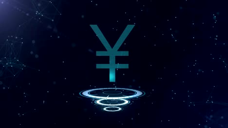 el signo del yen japonés 3d. telón de fondo del ciberespacio azul espacial con conexiones a internet. el yen está en tres círculos virtuales brillantes. zoom. 4k.