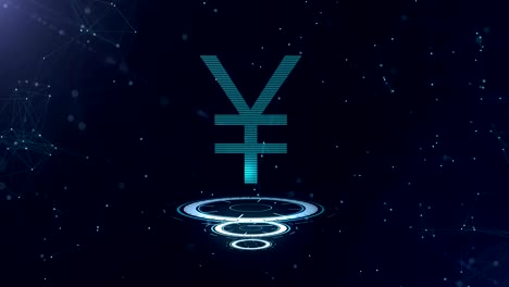 3d japanese yen sign. space blue cyberspace backdrop with internet connections. yen is on three virtual glowing circles. zoom. 4k.