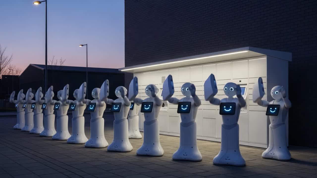 A Line of Friendly Robots Welcoming Guests at Dusk, Showcasing Their Smile and Technological Elements in a Modern Urban Environment