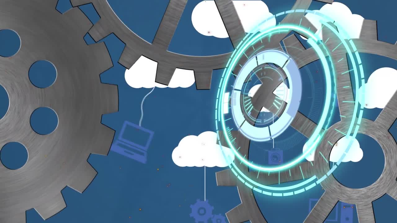 animación de escaneo de alcance y engranajes sobre nubes digitales con dispositivos electrónicos