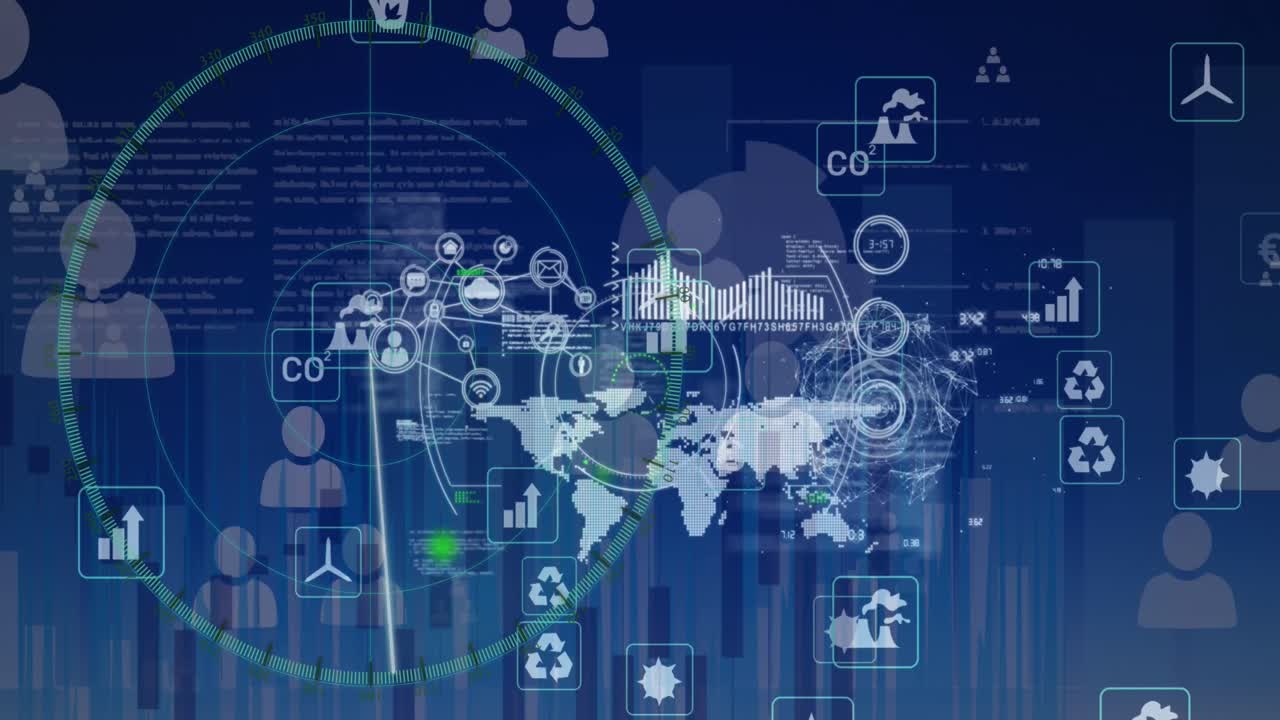 스 스캐닝, 에코 아이콘 및 데이터 처리의 애니메이션을 파란색 배경에 표시합니다.