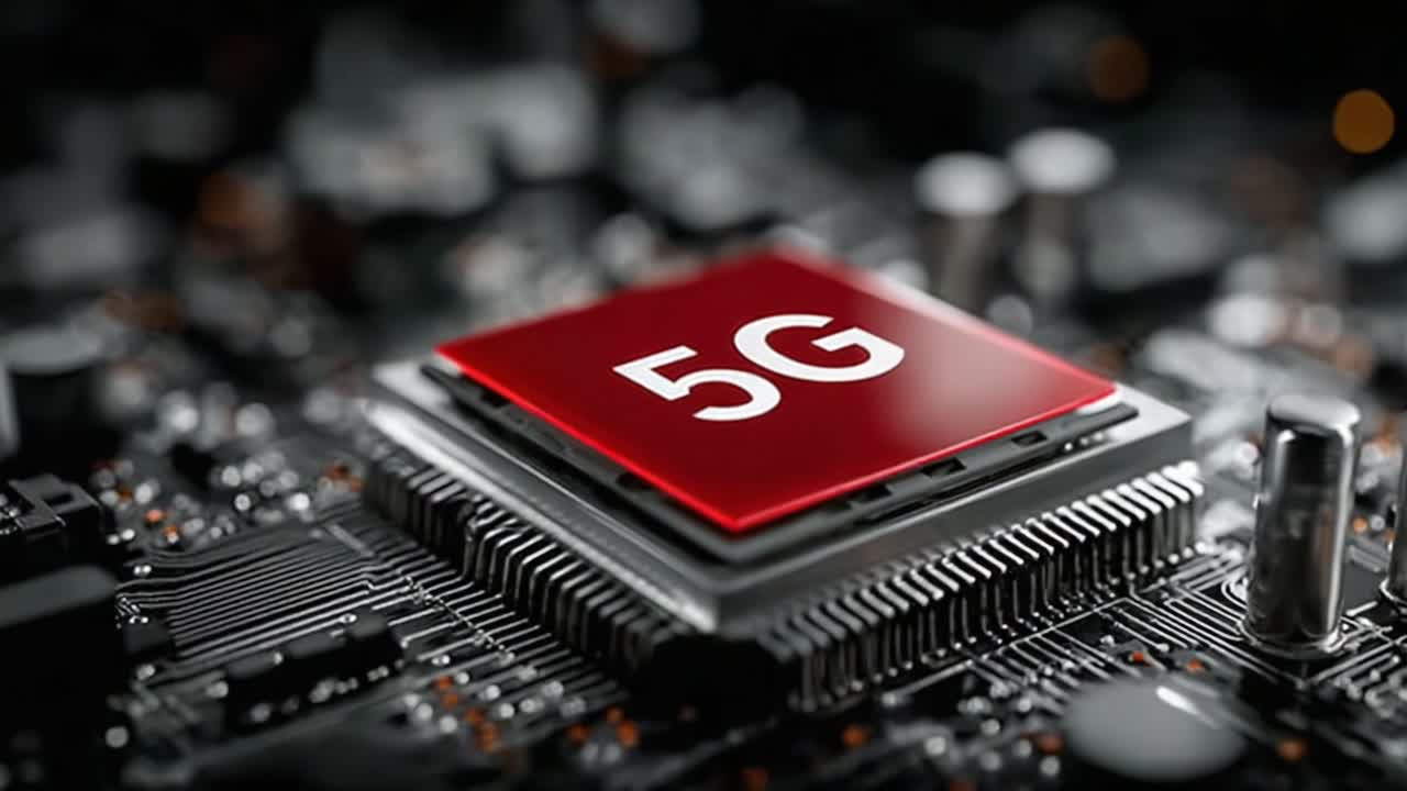 Primo piano high-tech di un chip 5G su un circuito stampato che mostra la tecnologia di telecomunicazioni avanzata e la sua integrazione nell'elettronica moderna
