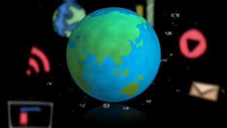 Animation-of-globe-with-digital-icons-floating