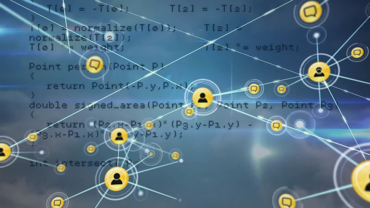 анимация сети соединений с иконами через обработку данных и облака