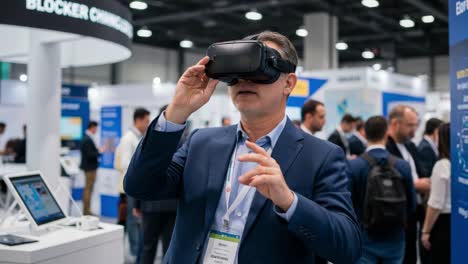 exploring virtual reality: an engaged participant immersed in a vr experience at a technology exhibition, showcasing innovations and interactivity in the modern tech space