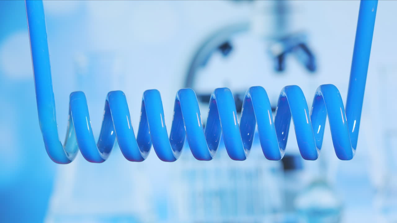 과학 유리 콘덴서에서 회전하는 파란색 액체의 근접 및 느린 움직임 - 새로운 약물 및 약물 화합물의 개발 - 코로나 바이러스 백신을 찾는 것 - 고품질 4k 영상