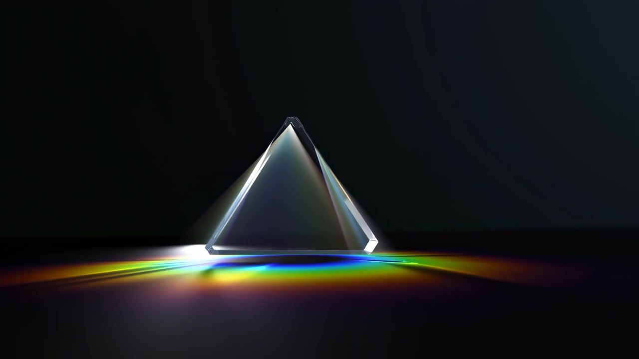 A single luminous triangular prism stands against a black background, casting a narrow beam upward with a faint rainbow reflection along the lower edge and a