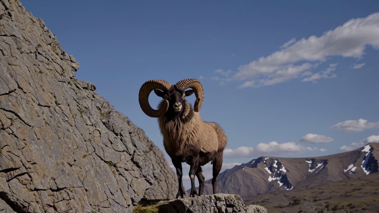 Close-up video of a majestic ram with large curved horns against a clear sky