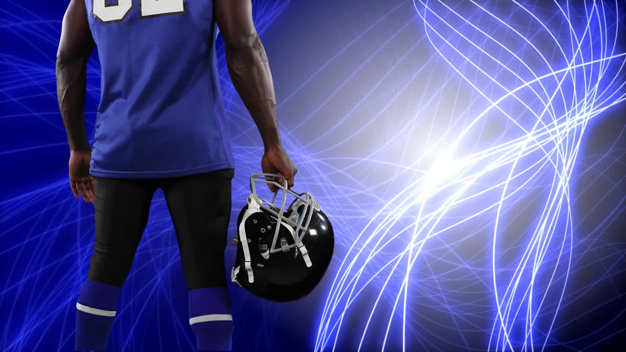 Giocatore di rugby su sfondo di linee luminose.