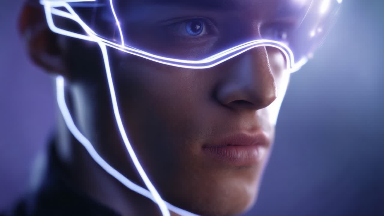 Ritratto futuristico di un giovane uomo con occhiali high-tech, che enfatizza miglioramenti cibernetici e visioni avanzate in un ambiente digitale vividamente reso.