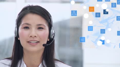 Animation-of-globe-of-connections-with-icons-over-businesswoman-using-phone-headset