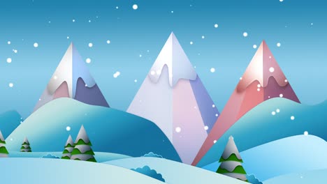 a cartoon style winter scene animation in pastel colors with snowfall. the trees and the hills are covered with snow, and in the background are three high mountains