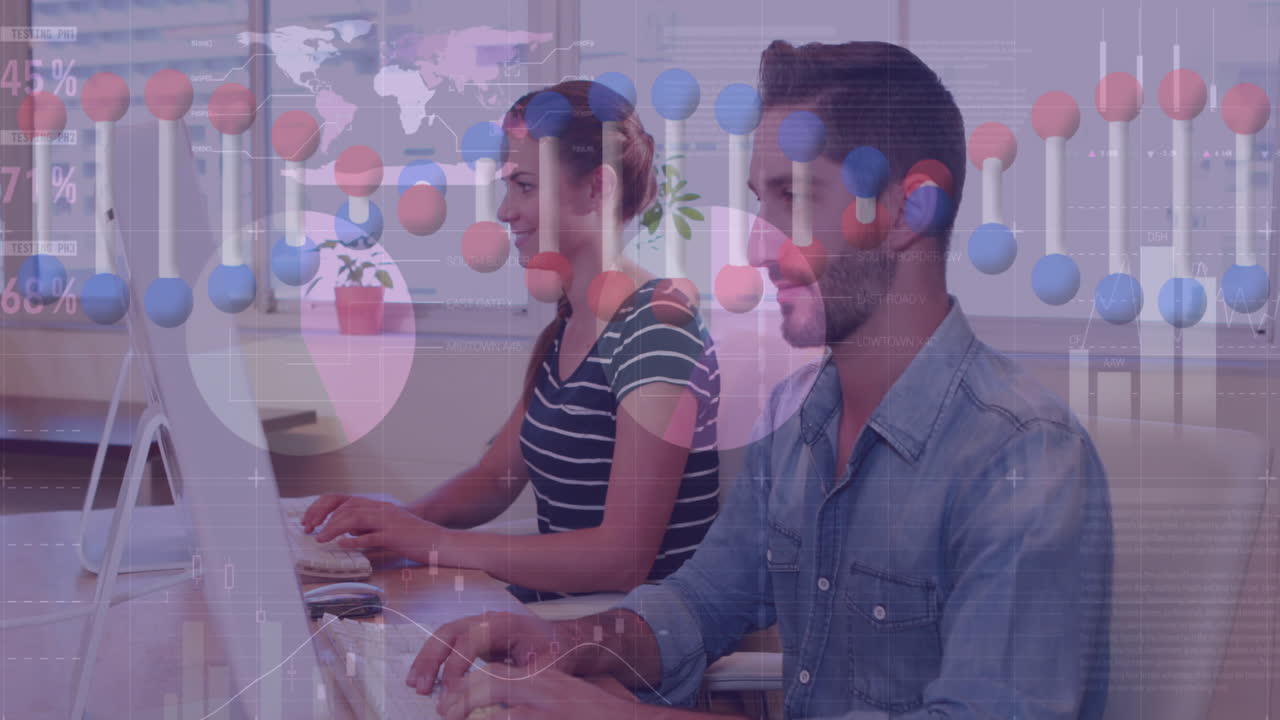 animación de cadenas de adn y estadísticas, procesamiento de datos sobre personas de negocios utilizando computadora