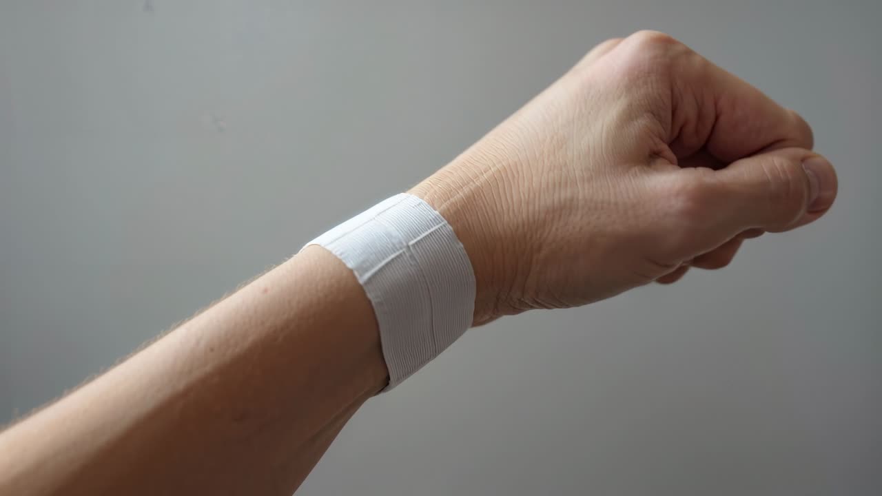 Vertikales Video: Sich drehender nackter Arm und Hand nahe einer grauen Wand, der Verband und den Daumenschnitt nach dem Wickeln überprüfend.
