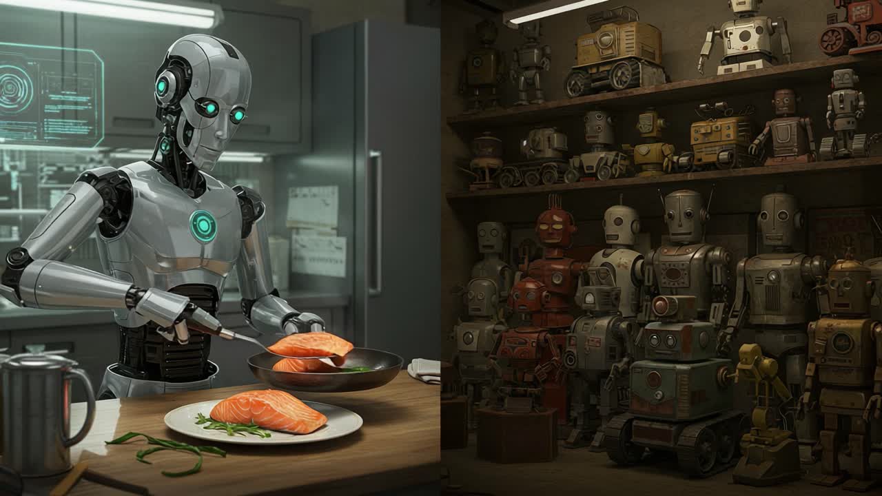A futuristic robot chef skillfully prepares a delicious salmon dish in a high-tech kitchen, surrounded by a collection of vintage robots showcasing a blend of past and future