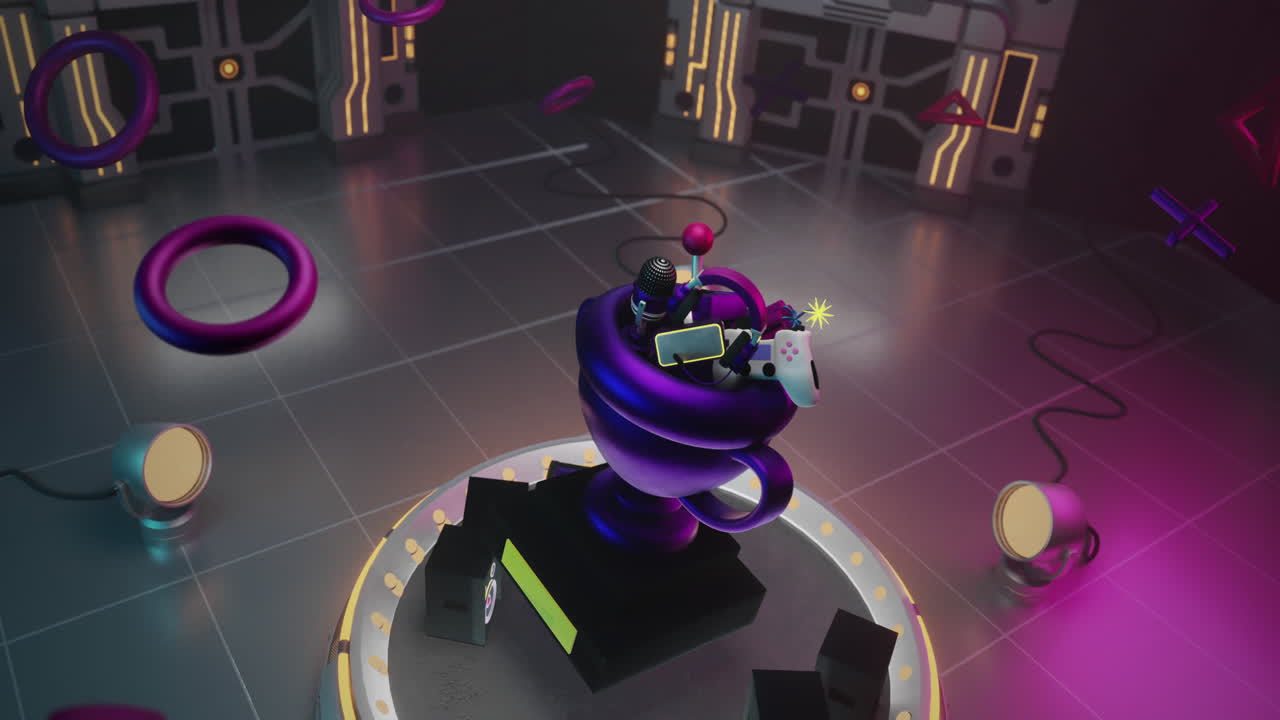 검은색 배경에 무대 및 스포트 라이트와 함께 네온 게임 기능의 애니메이션