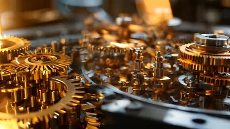 intricate golden gears in a mechanical timing device at close range
