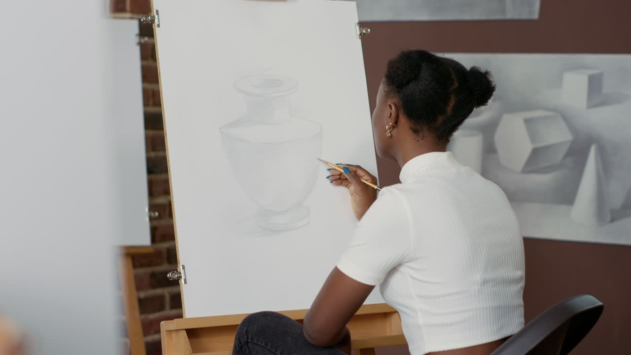 African american woman drawing professional sketch on canvas