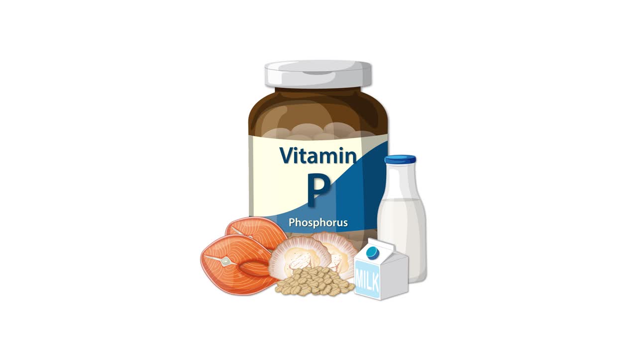 Phosphorus supplement bottle with eggs, grains, and milk appears on white background, smooth transitions