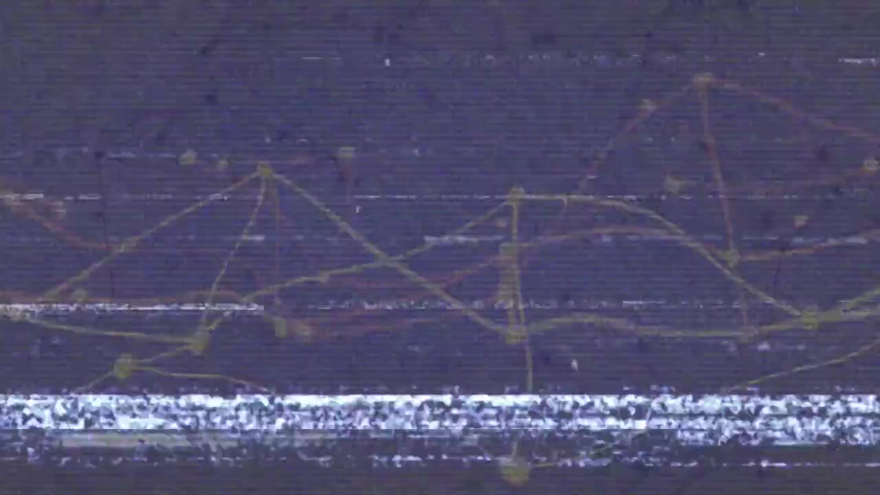 Sfarfallio statico, linee di rete gialle che si spostano e barre di glitch blu che pulsano, mostrando instabilità.