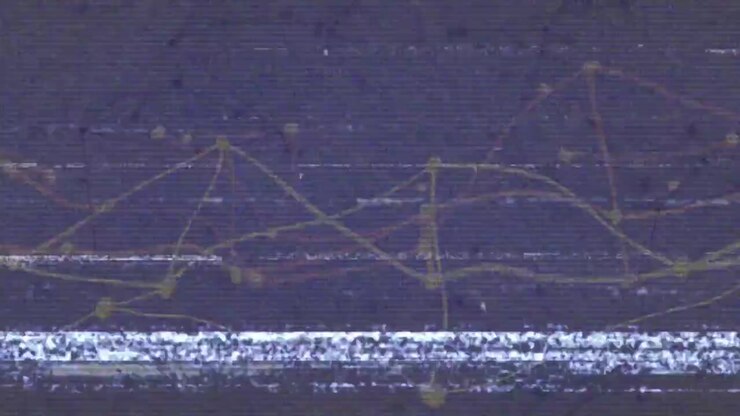 Static flickering, yellow network lines shifting and blue glitch bars pulsing, showing instability