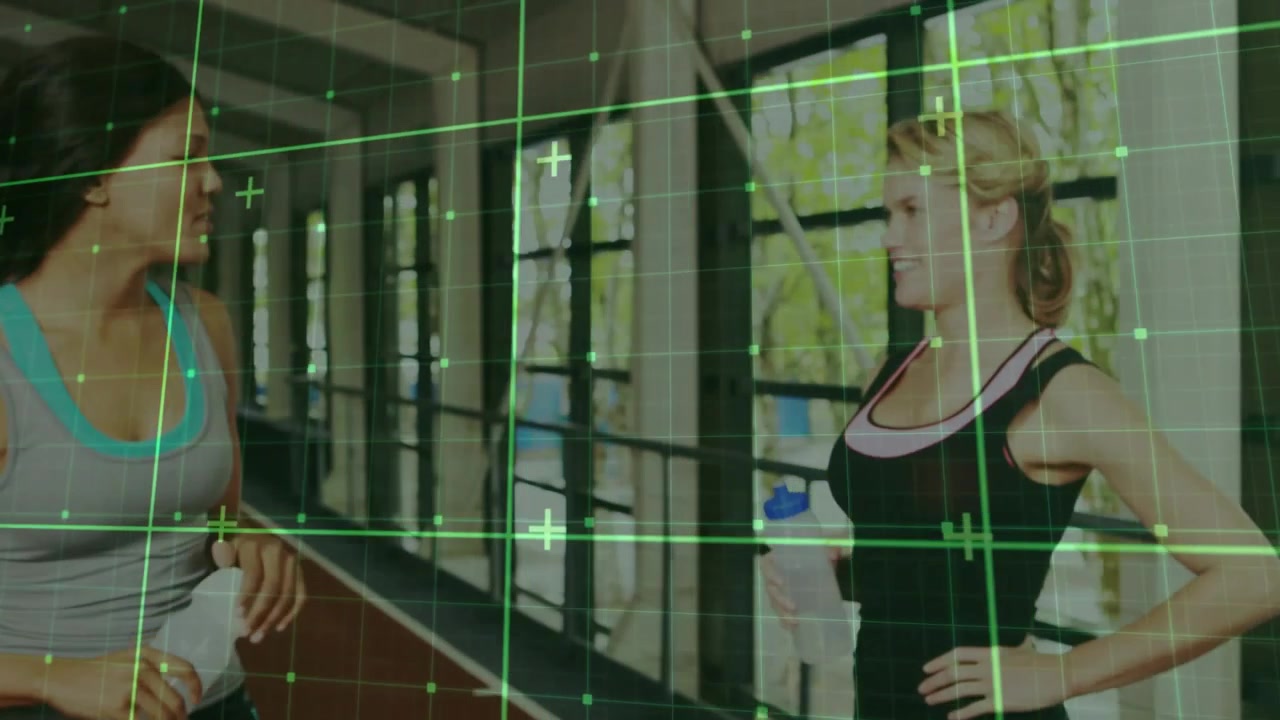 Women running in gym, causing grid showing hydration, stopping, hydrating and talking for fitness