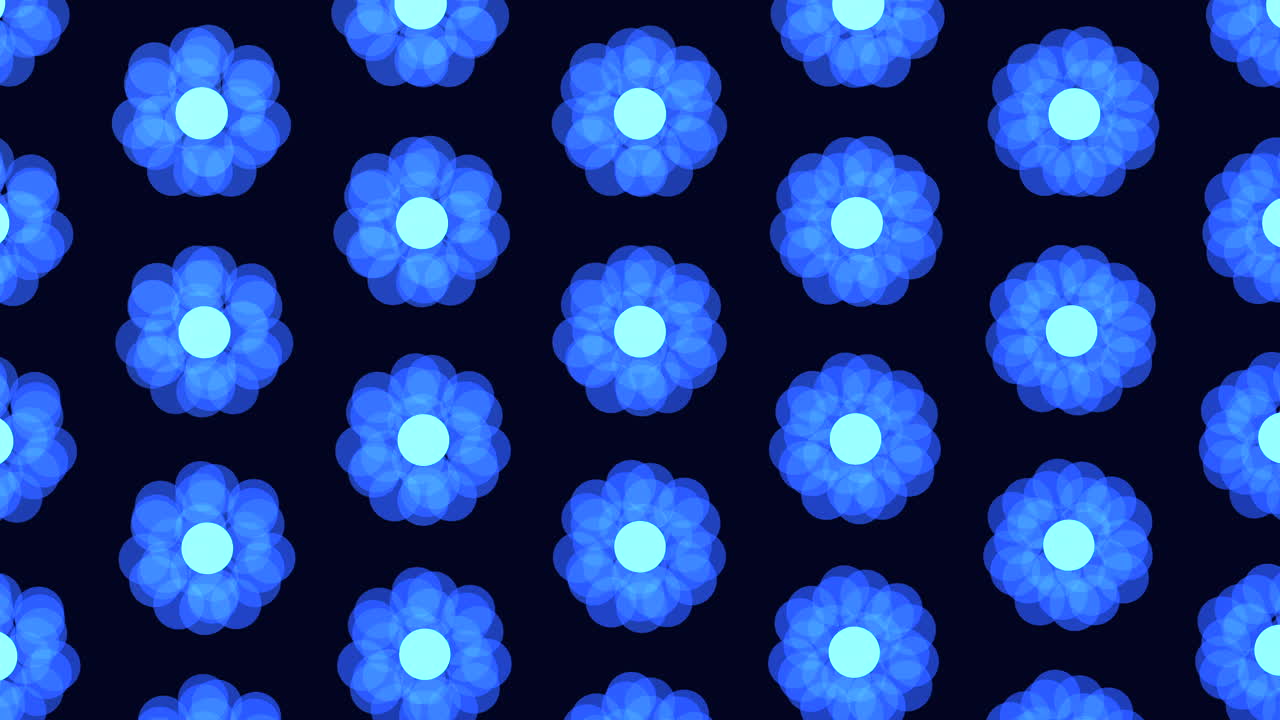 A captivating image of luminous blue flowers artfully arranged in a circular pattern against a dark backdrop, creating a mesmerizing and enchanting visual display