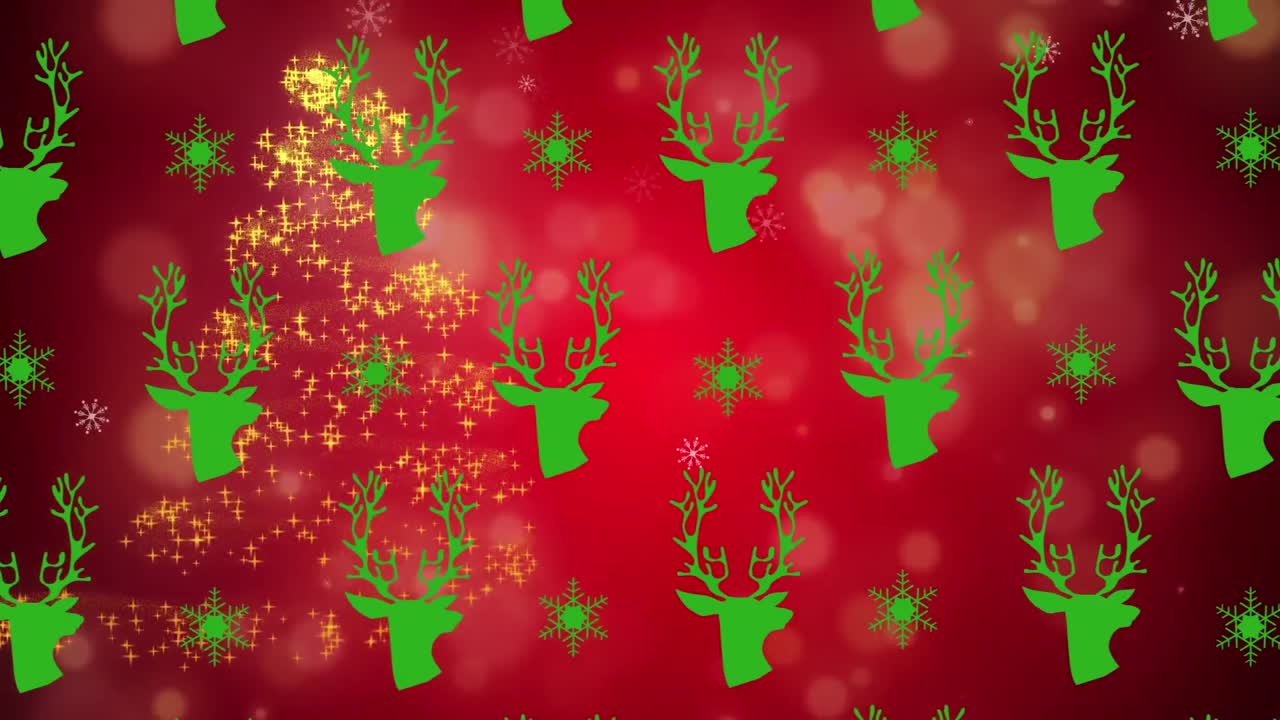 animación de la cabeza de un reno repetida sobre un fondo rojo