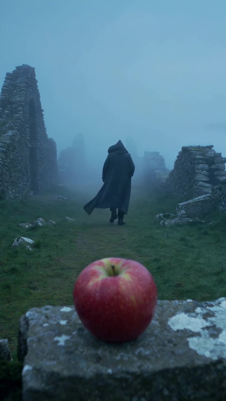 Video verticale: Figura che si volta con un mantello scuro con cappuccio che cammina nella nebbia attraverso rovine, mela rossa.