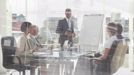 animation of financial data processing over diverse business people having meeting at office