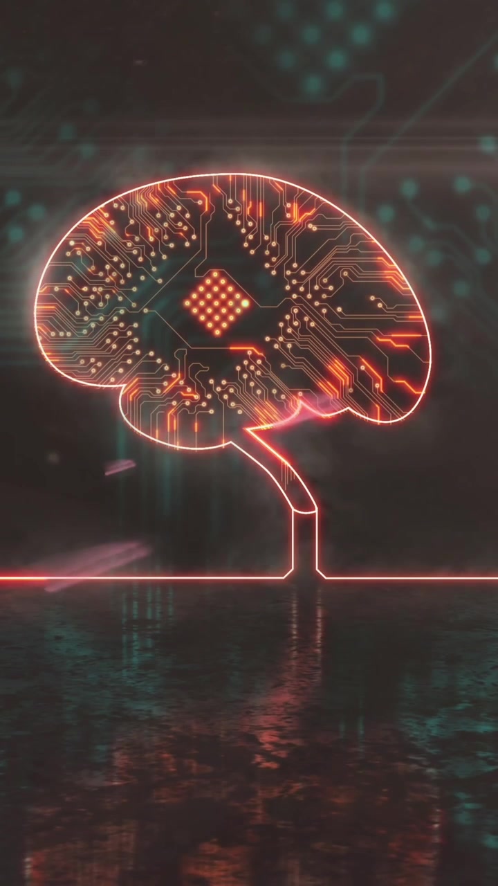 Animation of light trails over brain icon with computer circuit board on black background