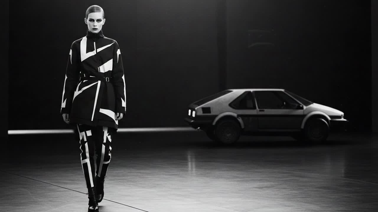 A Bold Fashion Presentation Blending Avant-Garde Style with Futuristic Aesthetics, Showcasing Striking Patterns against a Minimalist Background and a Retro Vehicle