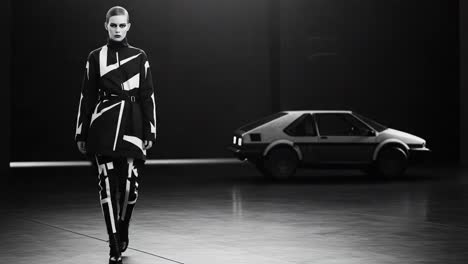 a bold fashion presentation blending avant-garde style with futuristic aesthetics, showcasing striking patterns against a minimalist background and a retro vehicle