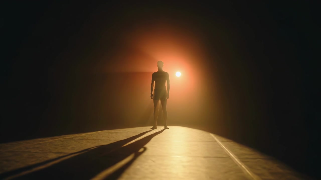 Standing male in shorts posing on runway, orange light rising, camera closing for silhouette reveal