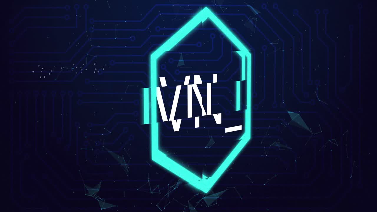 Animation of nft text in neon hexagon and data processing over computer circuit board