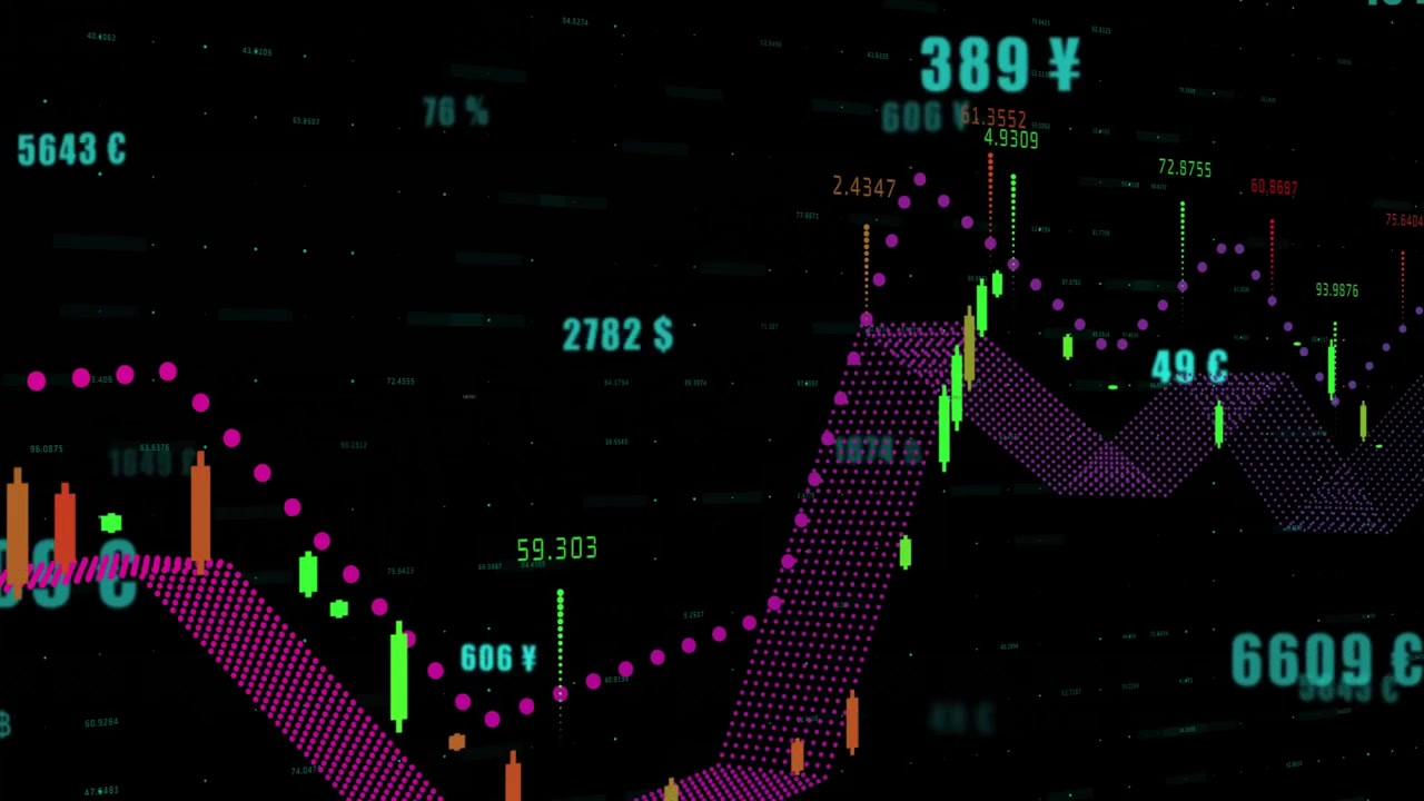 Valutakursdiagram åbner glitch-felt, der viser drivende etiketter og stigende farveskiftende toppe.