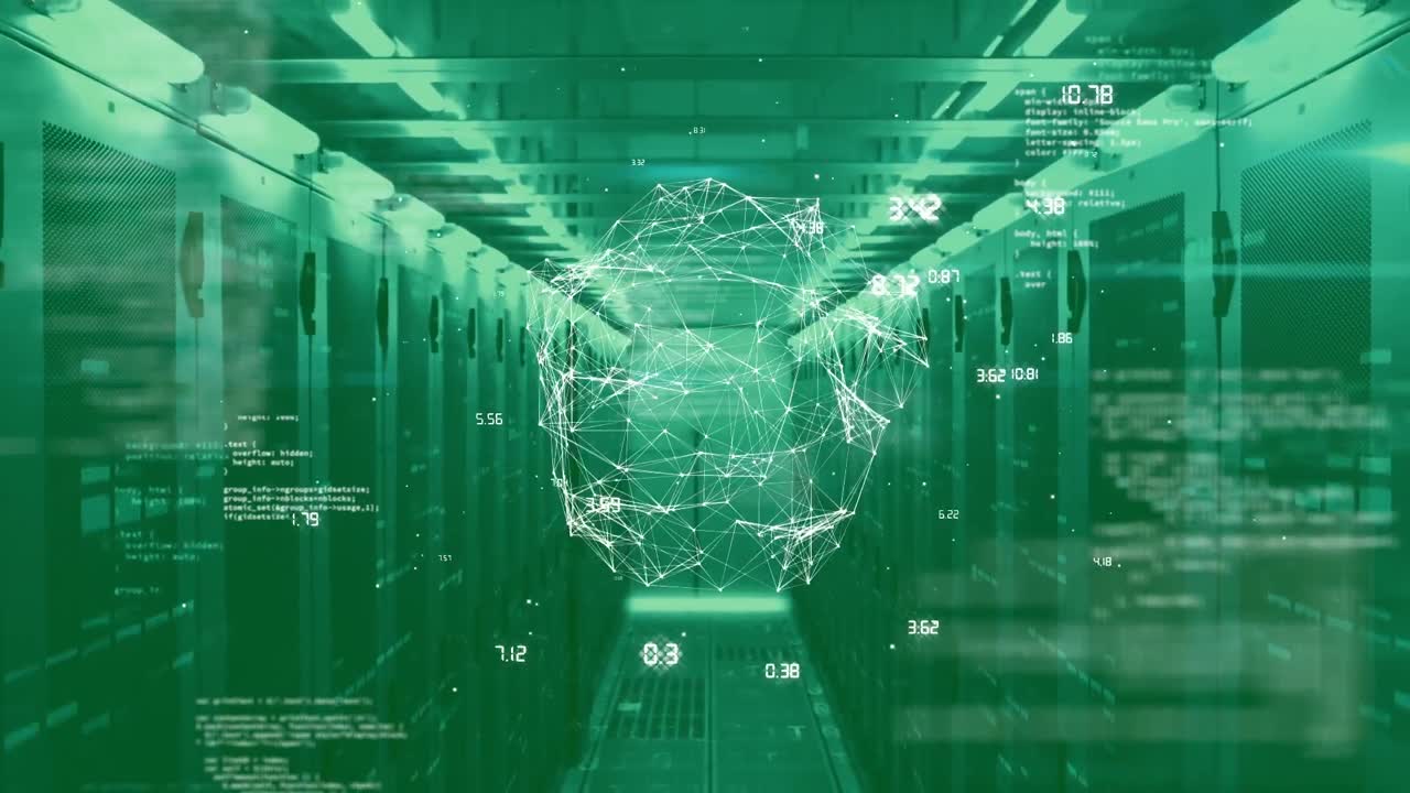 Animation of financial data processing and shape over server room