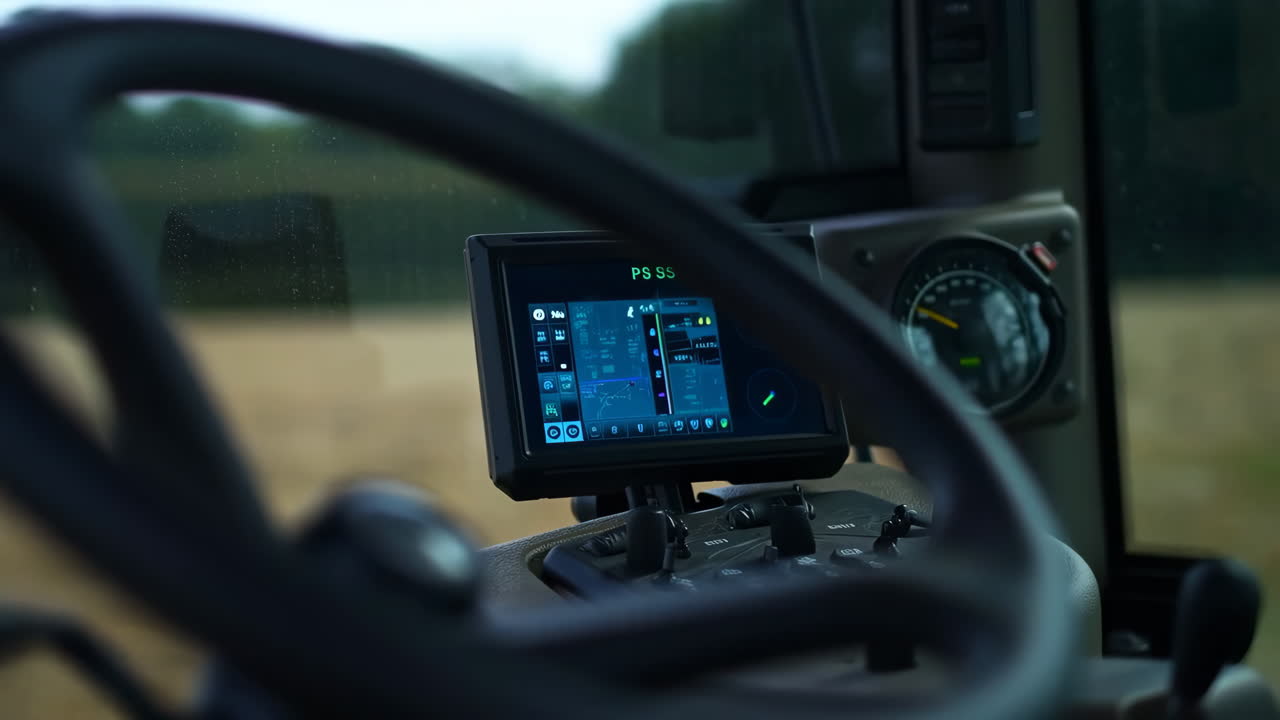 Modern tractor cockpit with digital display and controls for precision agriculture