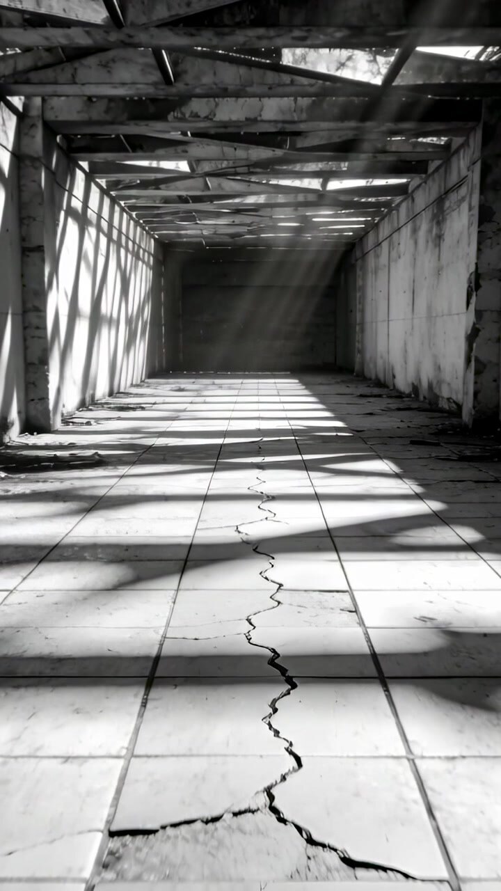 Video verticale: Luce solare che si sposta attraverso le lamelle proiettando ombre in un corridoio stretto, seguendo una crepa a zigzag.