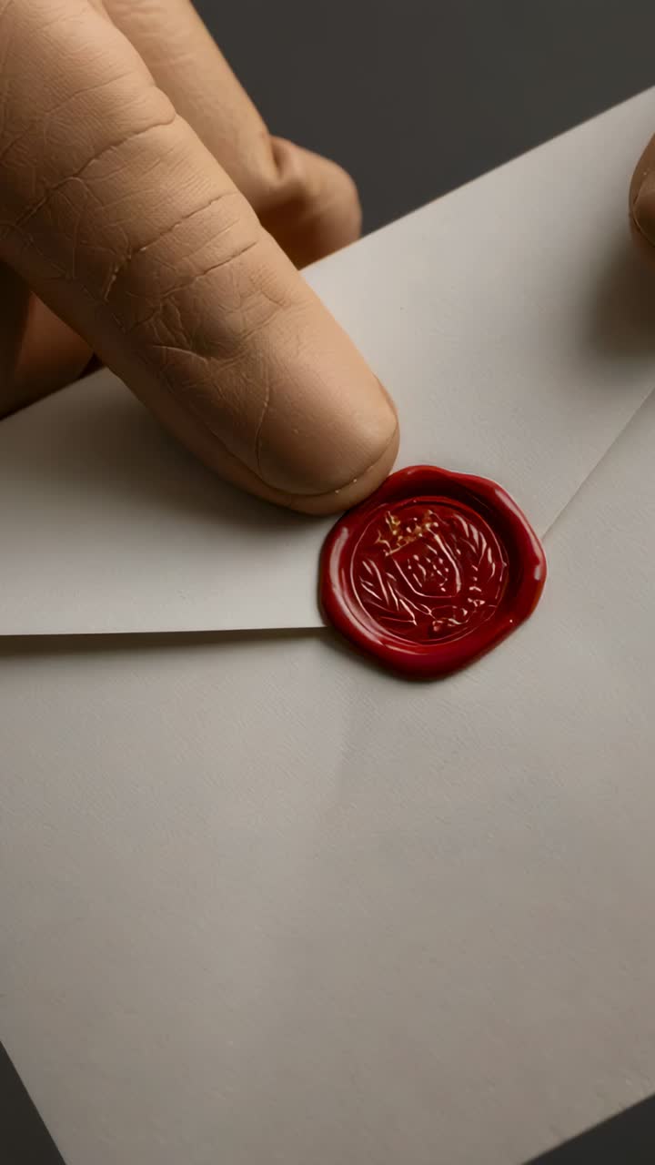 Video verticale: primo piano di un dito che preme un sigillo di ceralacca rosso sulla linguetta di carta su una scrivania, fissando il sigillo