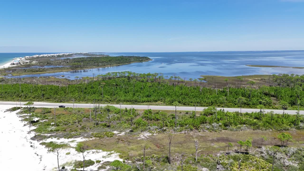 Upward drone fly over wetlands and marshes near sandy coastline with green vegetation, Cape San Blas, Gulf County, Florida, USA