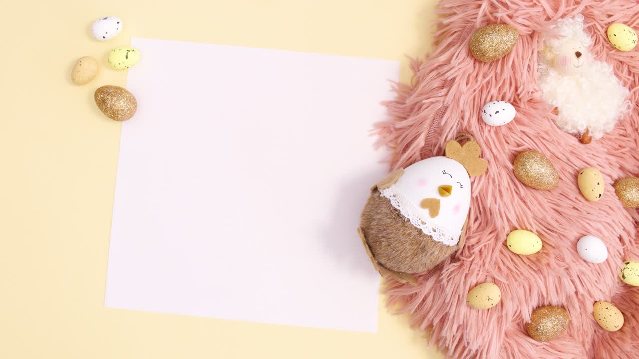 Happy Easter write on paper with Easter arrangement on pastel yellow background, Stop motion