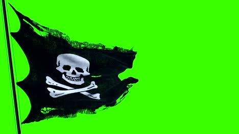 ripped tear grunge old fabric texture of the pirate skull flag waving in wind, calico jack pirate symbol at chroma key green screen background, dark mystery style, hacker and robber