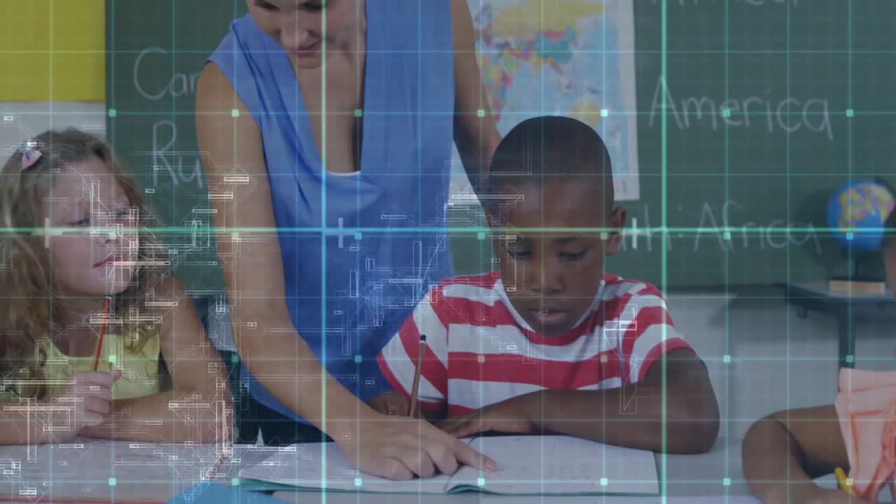Teacher leaning in and pointing guiding boy reading workbook, girl drawing map in geography lesson