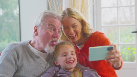 grandparents with granddaughter pulling faces posing for selfie on mobile phone at home together