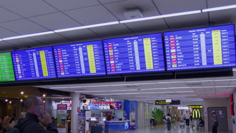 a flight display screen at don mueang airport shows current flight schedules for travelers. great for air travel and airport themes.