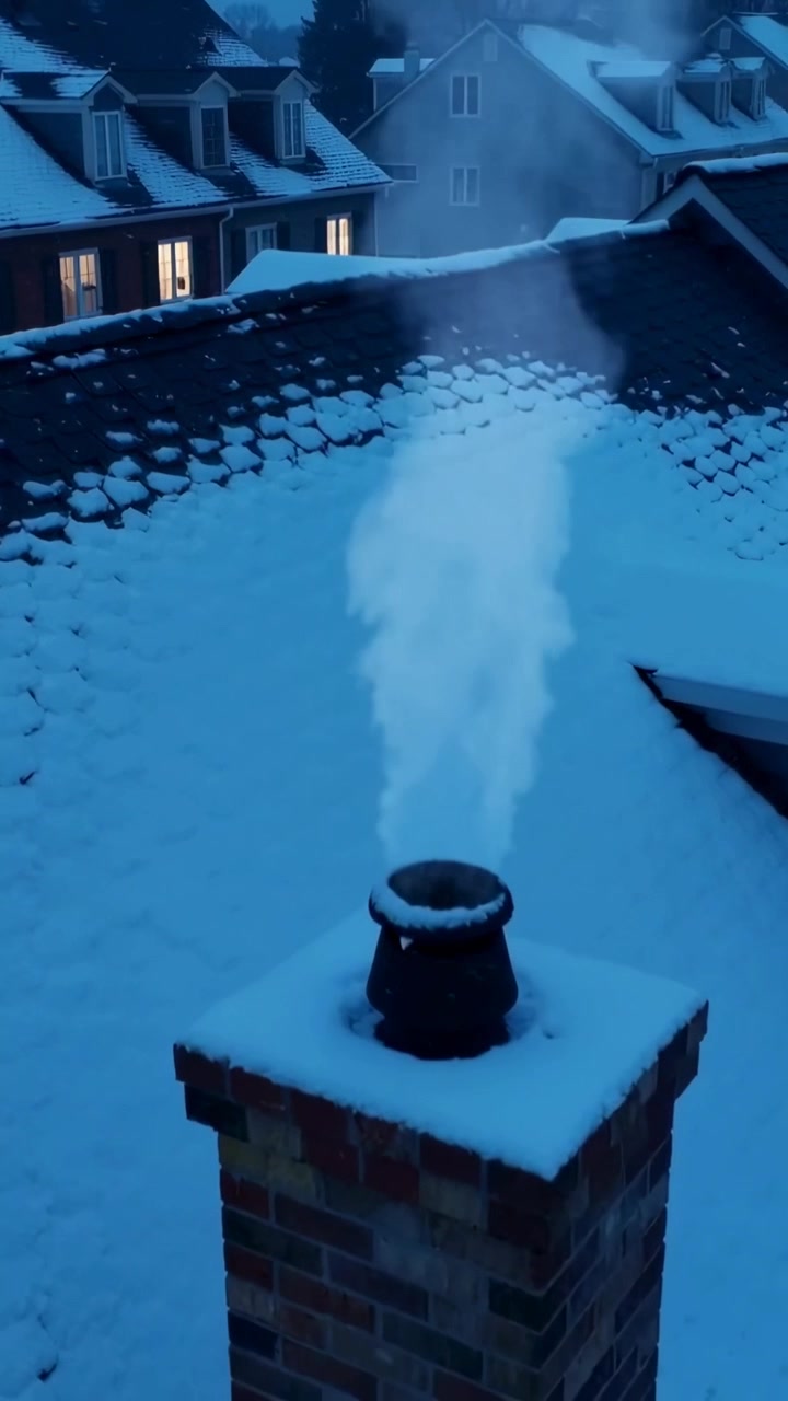 Vertikal video: Murstensskorsten udleder damp ved oplyste huse over et snedækket tag, kondenserer i kulden.