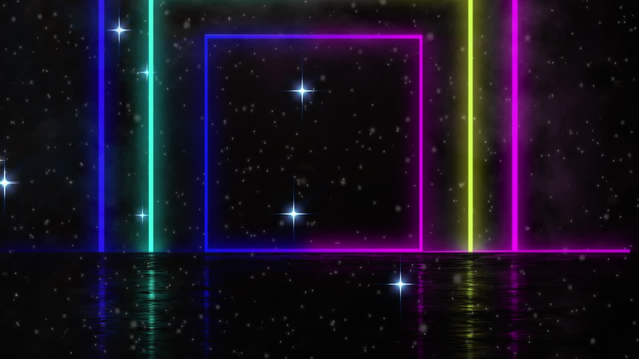 Digitální animace barevných neonových čtvercových tvarů na pozadí zářících hvězd na černém pozadí