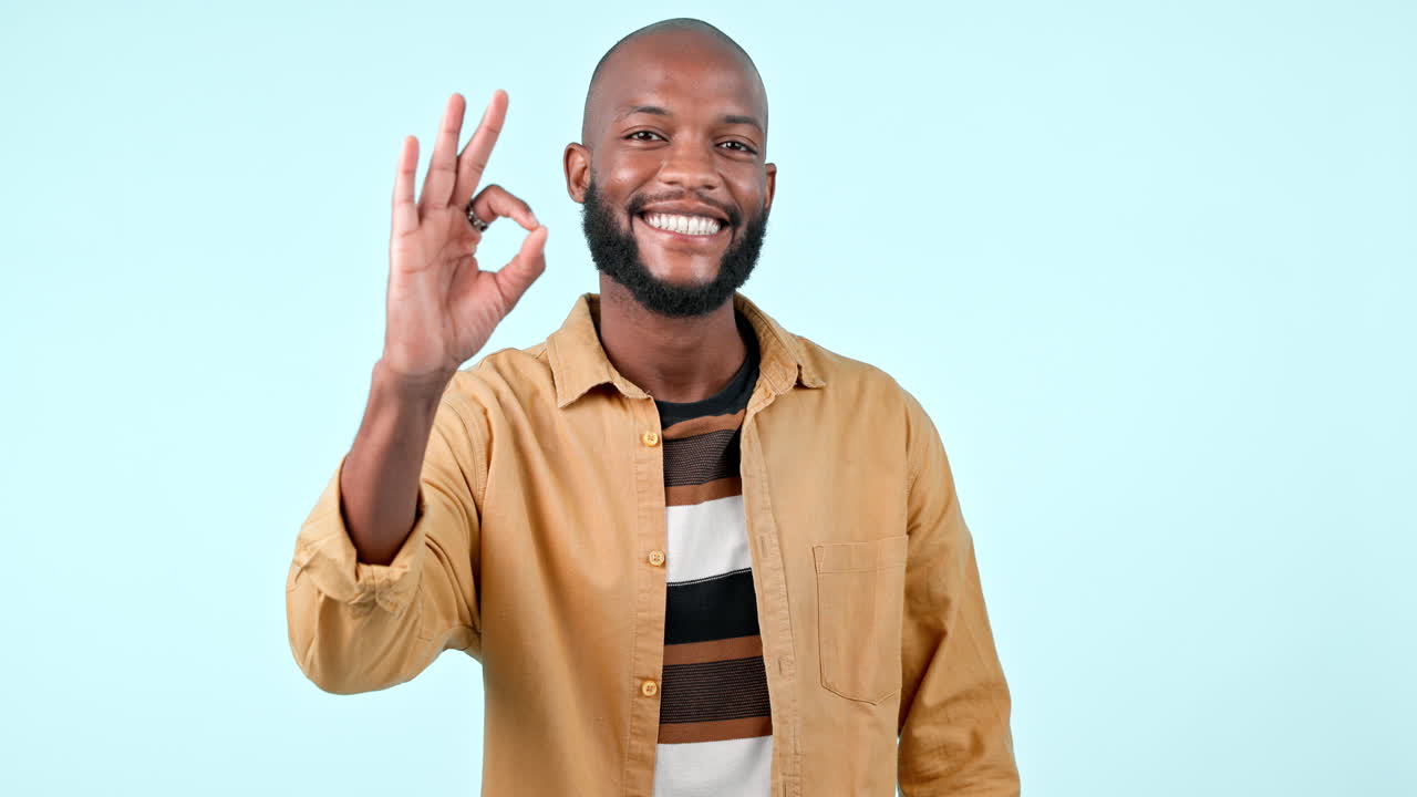 Ok, portrait and man with hand in agreement